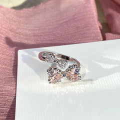 Lizakosht Korean Fashion Pink Bowknot Zircon Opening Ring For Women Luxury Sweet Index Finger Knuckle Rings Party Jewelry Gifts