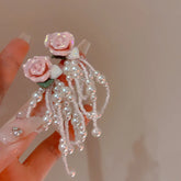Lizakosht Korean Fashion Pink Resin Flower Pearl Tassel Dangle Earrings For Women Luxury Super Fairy Fresh Earring Jewelry
