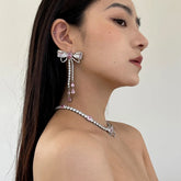 Lizakosht Korean Luxury Elegant Pink Cystal Bowknot Drop Earrings For Women Girls Fashion Rhinestone Long Pendientes Jewelry