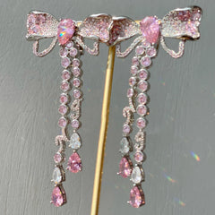 Lizakosht Korean Luxury Elegant Pink Cystal Bowknot Drop Earrings For Women Girls Fashion Rhinestone Long Pendientes Jewelry