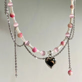 Lizakosht Korean Sweet Pink Opal Beads Metal Heart Pendant Necklace For Women Trendy Bamboo Joint Chain Choker Jewelry Gifts