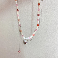 Lizakosht Korean Sweet Pink Opal Beads Metal Heart Pendant Necklace For Women Trendy Bamboo Joint Chain Choker Jewelry Gifts