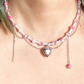 Lizakosht Korean Sweet Pink Opal Beads Metal Heart Pendant Necklace For Women Trendy Bamboo Joint Chain Choker Jewelry Gifts
