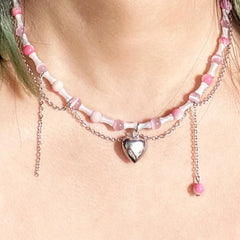 Lizakosht Korean Sweet Pink Opal Beads Metal Heart Pendant Necklace For Women Trendy Bamboo Joint Chain Choker Jewelry Gifts