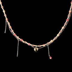 Lizakosht Korean Sweet Pink Opal Beads Metal Heart Pendant Necklace For Women Trendy Bamboo Joint Chain Choker Jewelry Gifts