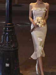 Lizakosht Midi Dresses for Women Sleeveless French Style Split Dress Sexy Club Solid Backless Spaghetti Strap New Spring Summer Dress