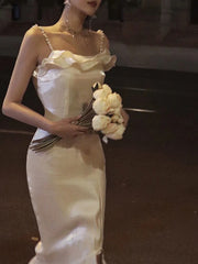 Lizakosht Midi Dresses for Women Sleeveless French Style Split Dress Sexy Club Solid Backless Spaghetti Strap New Spring Summer Dress