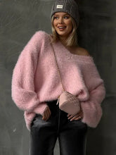 Lizakosht Pink V-neck Soft Wmen Knit Jumper Lantern Sleeve Loose Casual Warm Oversize Pullover Sweater Autumn Chic Outwear Knitwear