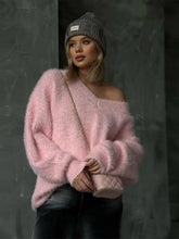 Lizakosht Pink V-neck Soft Wmen Knit Jumper Lantern Sleeve Loose Casual Warm Oversize Pullover Sweater Autumn Chic Outwear Knitwear