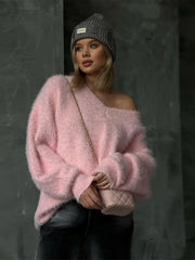Lizakosht Pink V-neck Soft Wmen Knit Jumper Lantern Sleeve Loose Casual Warm Oversize Pullover Sweater Autumn Chic Outwear Knitwear
