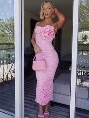 Lizakosht 3D Flower Strapless Bodycon Maxi Dress For Women Fashion Off-shoulder Sleeveless Backless Ruched Club Party Sexy Dress