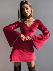 Lizakosht Hot Drilling V Neck Sexy Mini Dress For Women Fashion Long Sleeve Loose Dress Female Elegant Club Party Sexy Dress New