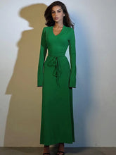 Lizakosht V Neck Lace-up Long Sleeve Maxi Dress For Women Autumn Winter New Ribbed Bodycon Fashion Elegant Long Dress