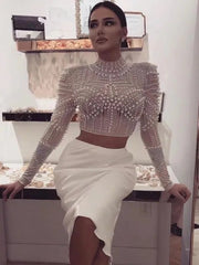 Lizakosht - New Arrival Women Sexy Designer Beading Mesh Long Sleeve T-Shirts Ladies Black Nude Designer Tees Tops