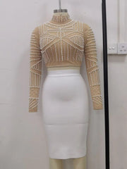 Lizakosht - New Arrival Women Sexy Designer Beading Mesh Long Sleeve T-Shirts Ladies Black Nude Designer Tees Tops