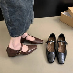 Lizakosht New Brand Women Flats Fashion Square Toe Shallow Mary Jane Shoes Soft Casual Ballet Shoes Slingback Shoes Chunky Heel Shoes