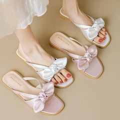Lizakosht New Slippers Women Satin Bow Flat Bottom Fashion Silk One Word Muller Sandals Slippers Apricot Pink