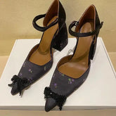 Lizakosht New Version Of Wild Thick-heeled pointed bow French Retro Mary Jane Shoes Trend High-heeled lattice Shoes Party Wedding Spring