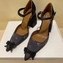 Lizakosht New Version Of Wild Thick-heeled pointed bow French Retro Mary Jane Shoes Trend High-heeled lattice Shoes Party Wedding Spring