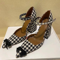 Lizakosht New Version Of Wild Thick-heeled pointed bow French Retro Mary Jane Shoes Trend High-heeled lattice Shoes Party Wedding Spring