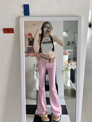 Lizakosht Pink Flare Pants Woman High Waist Y2k Pants Female Love Korean Clothes Bell Bottom Pants Woman Trousers Summer