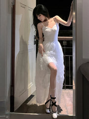 Lizakosht One Piece Dress Korean Sleeveless Solid Elegant Fairy Beach Dress Office Lady Summer Casual Midi Dress Women Party Chic