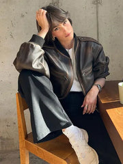 Lizakosht PU Stand Collar Zipper Elastic Hem Women Jacket Long Sleeve Drop Shoulder Loose Coats Autumn Fashion Vintage Lady Outwears