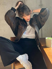 Lizakosht PU Stand Collar Zipper Elastic Hem Women Jacket Long Sleeve Drop Shoulder Loose Coats Autumn Fashion Vintage Lady Outwears