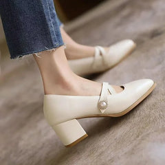 Lizakosht Plus Size 35-42 Women's Mary Janes Shoes Cross-tied Pumps Double Buckle Leather Shoes Woman High Heels Pearl Zapatos Mujer