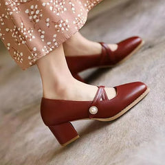 Lizakosht Plus Size 35-42 Women's Mary Janes Shoes Cross-tied Pumps Double Buckle Leather Shoes Woman High Heels Pearl Zapatos Mujer