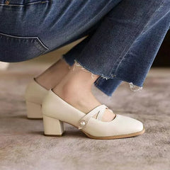 Lizakosht Plus Size 35-42 Women's Mary Janes Shoes Cross-tied Pumps Double Buckle Leather Shoes Woman High Heels Pearl Zapatos Mujer