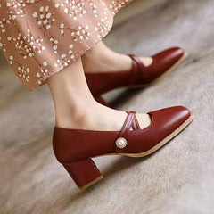 Lizakosht Plus Size 35-42 Women's Mary Janes Shoes Cross-tied Pumps Double Buckle Leather Shoes Woman High Heels Pearl Zapatos Mujer