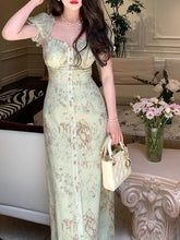 Print Dress for Women Short Sleeve French Style Vintage Dress Slim Midi A Llne Square Collar New Spring Summer Dress