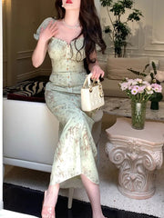 Print Dress for Women Short Sleeve French Style Vintage Dress Slim Midi A Llne Square Collar New Spring Summer Dress