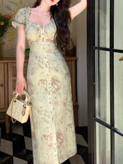 Print Dress for Women Short Sleeve French Style Vintage Dress Slim Midi A Llne Square Collar New Spring Summer Dress