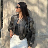 Lizakosht Women Washed Leather Loose Jacket Vintage Stand Collar Gradient Zipper Short Coat Spring Lady Locomotive Style Chic Coat