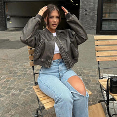 Lizakosht Women Washed Leather Loose Jacket Vintage Stand Collar Gradient Zipper Short Coat Spring Lady Locomotive Style Chic Coat