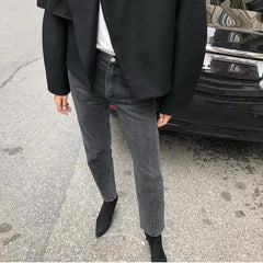 Lizakosht Rowling Nordic Casual Straight Twisted Stitch Asymmetrical Design Nine-point Small Straight Female Jeans