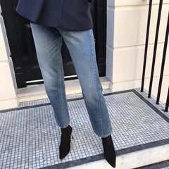 Lizakosht Rowling Nordic Casual Straight Twisted Stitch Asymmetrical Design Nine-point Small Straight Female Jeans