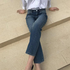 Lizakosht Rowling Nordic Casual Straight Twisted Stitch Asymmetrical Design Nine-point Small Straight Female Jeans