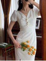 Lizakosht Summer Elegant Women Bodycon Vintage Midi Dress Vestidos Female Slim Party New Clothes