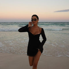 Lizakosht Sexy Sheer Sleeve Evening Dress Summer Holiday Birthday Club Partywear Square Collar White Dresses Women