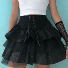 Lizakosht Mall Goth Lace-up High Waist Ruffles Skirts Punk Aesthetics Bandage A-line Lace Trim Black Tutu Skirt E-girl Outfits y2k skirt