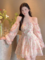 Holiday Chiffon Floral Dress Long Sleeve Women Summer Dress Oversized Off Shoulder Sexy High Waist Sweet Mini Beach Dress