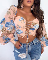 Lizakosht Women Elegant Fashion Summer Top Casual Floral Plunge Long Sleeve Cropped Blouse Floral Drawstring Lace-up Blouse