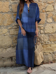 Lizakosht Women Casual Plaid Print Loose A-Line Dress Elegant V-Neck Half Sleeve Long Dress Spring Robes Ethnic Vintage Pocket Party Dress