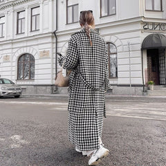 Lizakosht Women Houndstooth Wool Coat Autumn Winter Casual Elegant Long Sleeve Lapel Collar Double Breasted Warm Trench Jacket Outwear