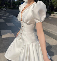 Summer Short White Dress Women Puff Sleeve Sexy V-Neck Pleated Mimi Party Dresses Women Vestidos Single Breasted Ball Gown F121