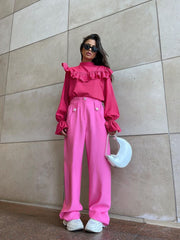 Lizakosht Autumn Women Fashion Rose Red Ruffle Blouse Female O-neck Flare Sleeve Elegant Office Lady Pullover Vintage Loose Shirts