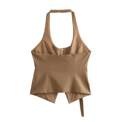 Lizakosht Women's Top New Vest Chic Hanging Neck Suspender Top Fashion Elegant Pocket Decoration Joker Autumn Street Tops Women